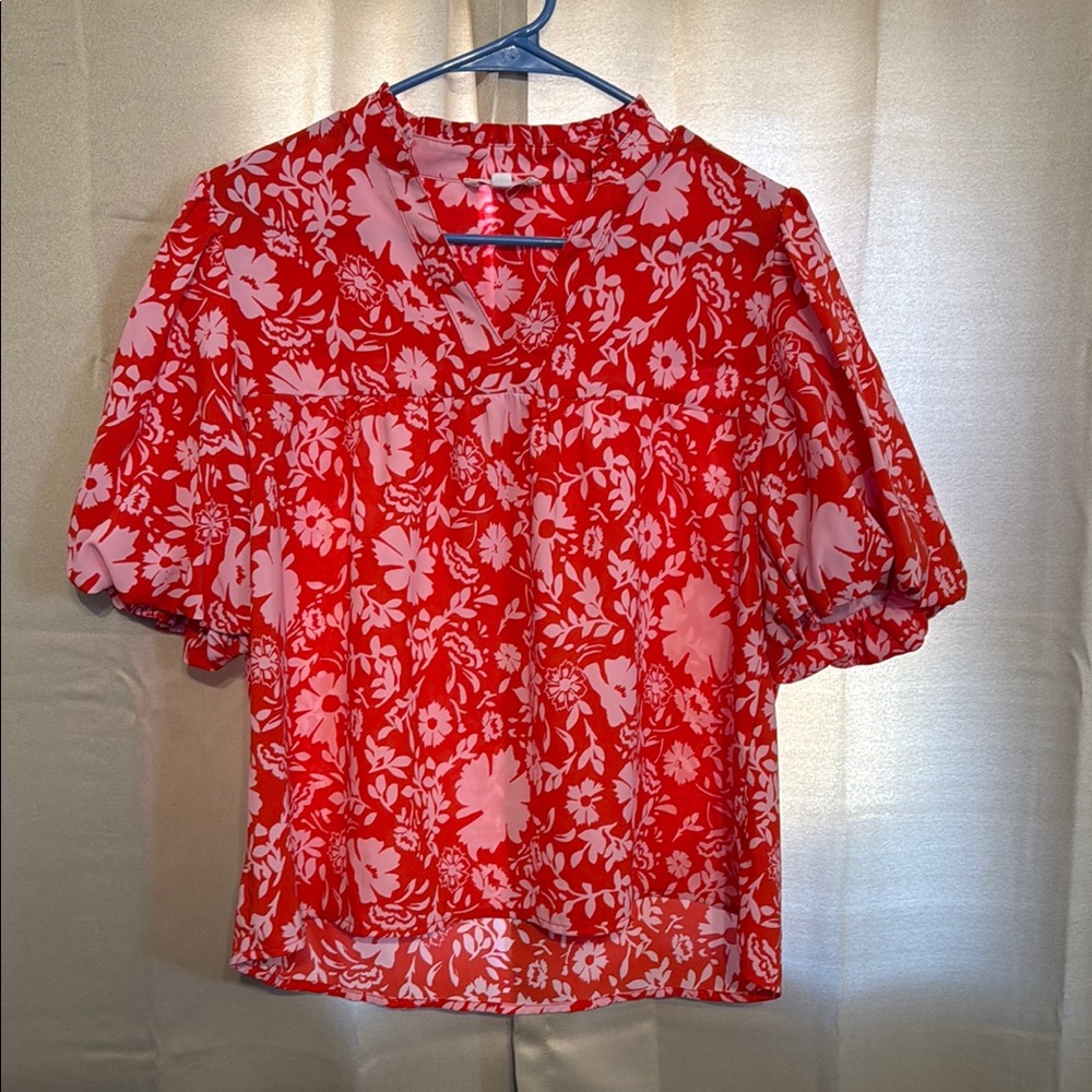 THML Red Blouse with Mandarin Collar and Short Sleeves